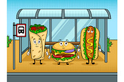Fast food bus cartoon pop art vector illustration