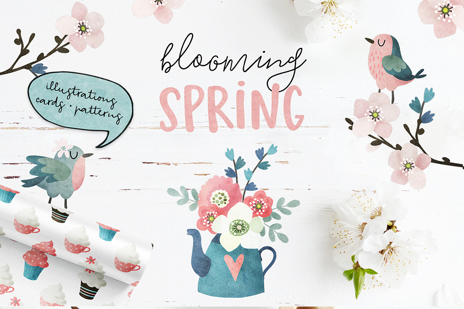 Blooming Spring watercolor set in Illustrations - product preview 8
