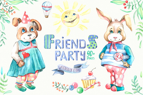 Friends party. Watercolor clipart.
