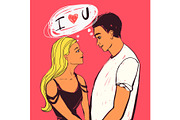 Happy couple, young woman and man looking to each other, I love you text. Vector Valentine's day illustration.