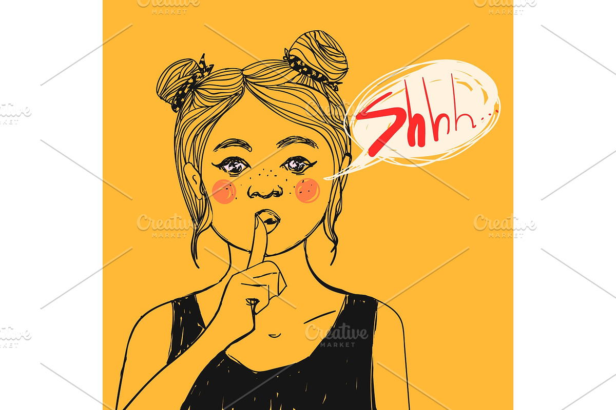 Girl with freckles, pink cheeks making Shhh sign and text bubble, asking for silence. Vector illustration. in Illustrations - product preview 8
