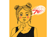 Girl with freckles, pink cheeks making Shhh sign and text bubble, asking for silence. Vector illustration.