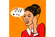 Angry brunette woman with mobile phone and text bubble. Vector illustration.