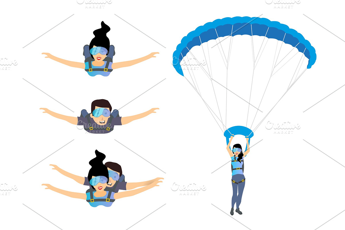 Set of skydivers parachutist characters. Skydiver man and woman flying. Tandem skydiving. in Illustrations - product preview 8