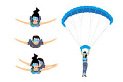 Set of skydivers parachutist characters. Skydiver man and woman flying. Tandem skydiving.