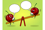 Cherry on seesaw pop art vector illustration