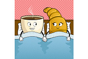 Coffee and croissant in bed pop art vector