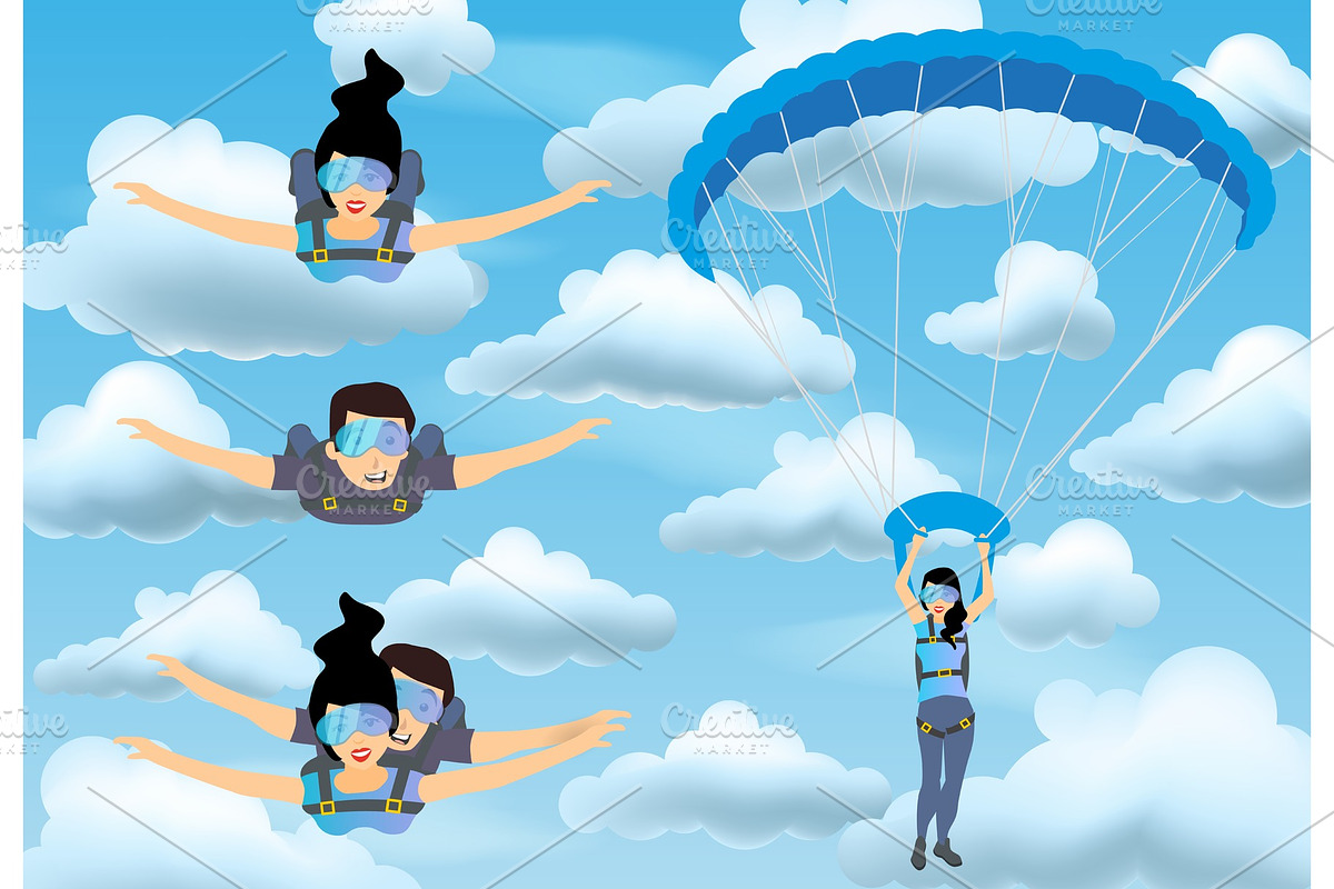 Set of skydivers parachutist characters. Skydiver man and woman flying in the blue cloudy sky. Tandem skydiving. in Illustrations - product preview 8