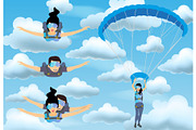 Set of skydivers parachutist characters. Skydiver man and woman flying in the blue cloudy sky. Tandem skydiving.