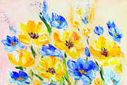 Hand painted modern style yellow and blue flowers