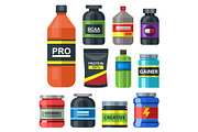 Bodybuilders gym athlete sport food diet symbols fitness nutrition protein powder drink vector illustration.