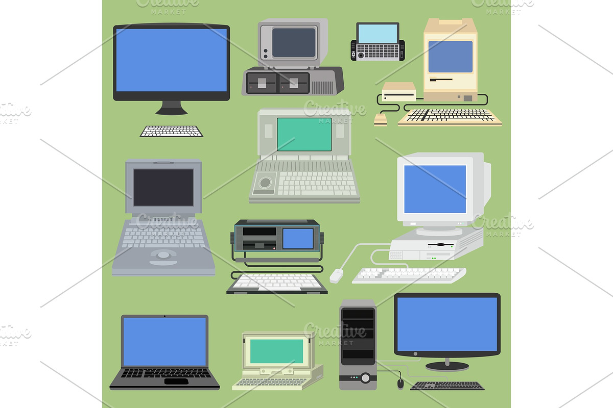 Old retro vintage vector computer pc monitor and tv screen. Classic antique technology old-style business personal computer equipment. PC retro desktop hardware communication screen and keyboard in Illustrations - product preview 8