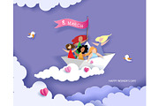 Happy women flying on paper boat