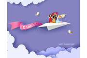 Happy women flying on paper airplane