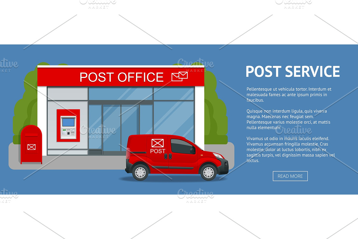 Banner Post office service with postman riding car for delivery. Vector illustration isolated on background. Correspondence isolated vector illustration in Illustrations - product preview 8