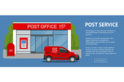Banner Post office service with postman riding car for delivery. Vector illustration isolated on background. Correspondence isolated vector illustration