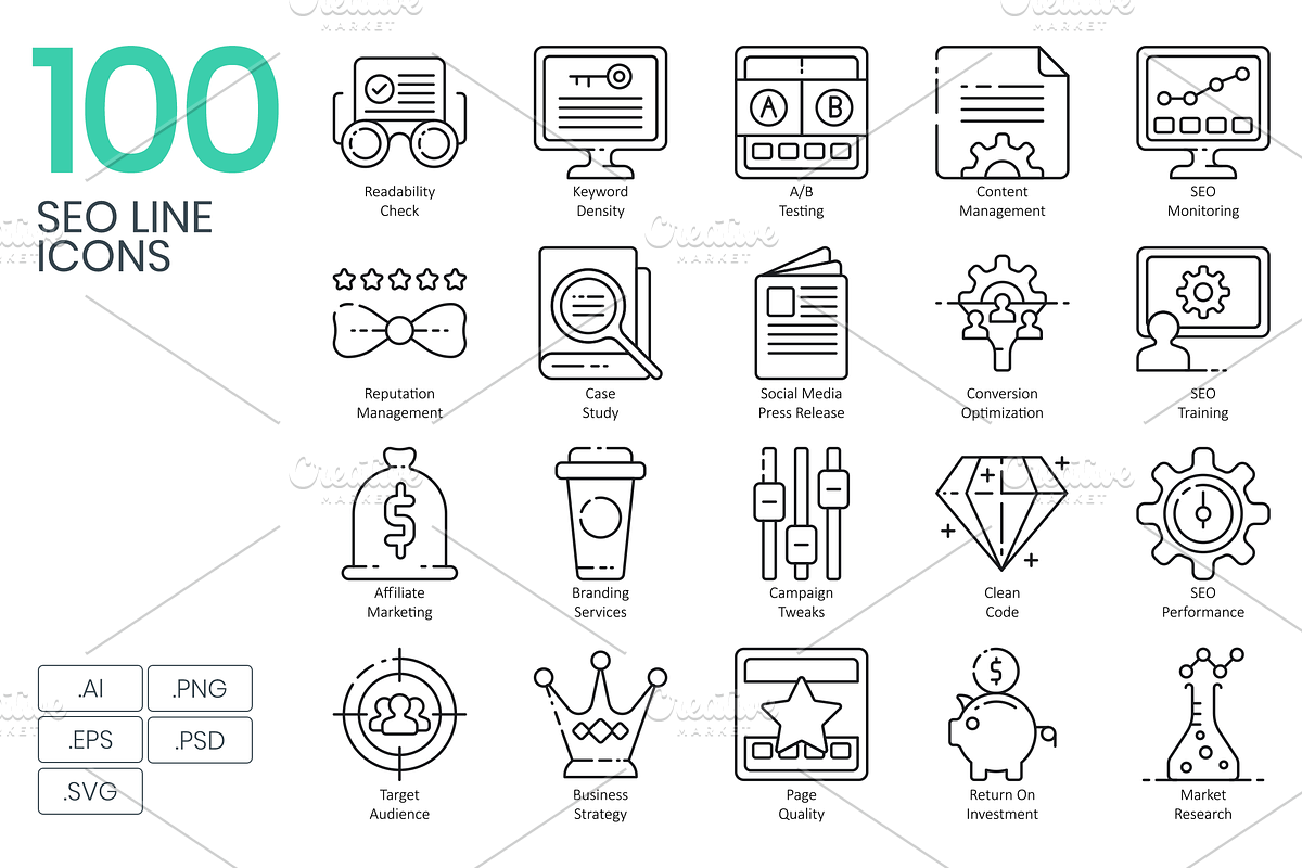 100 SEO Web Line Icons in Graphics - product preview 8