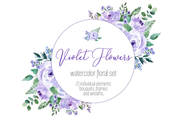 Violet Flowers watercolor set