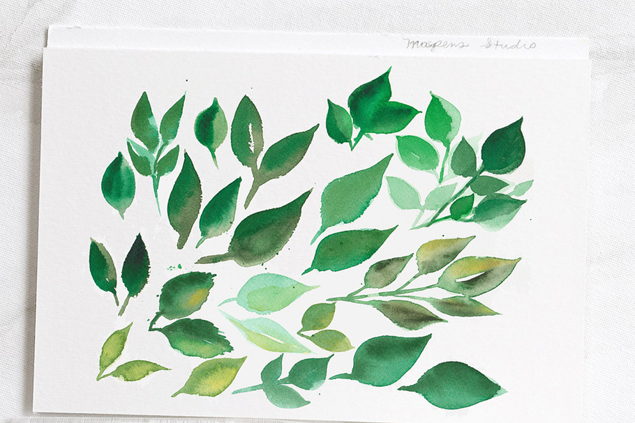 Watercolor Green Leaves Clip Art in Illustrations - product preview 8