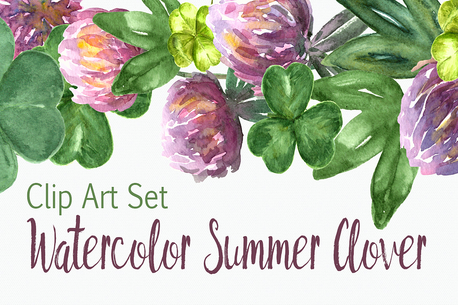 Watercolor Summer Clover Clip Art Se in Objects - product preview 8