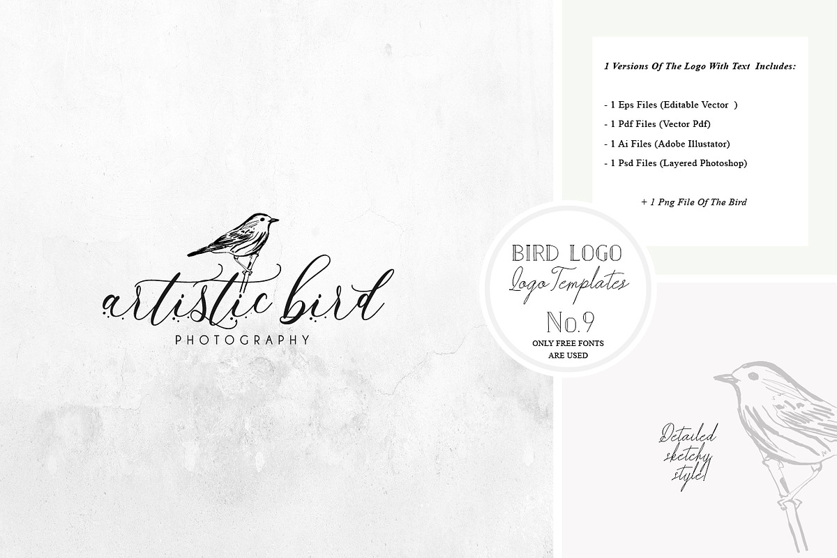Bird Logo -Sketchy Artistic style 9 in Logo Templates - product preview 8