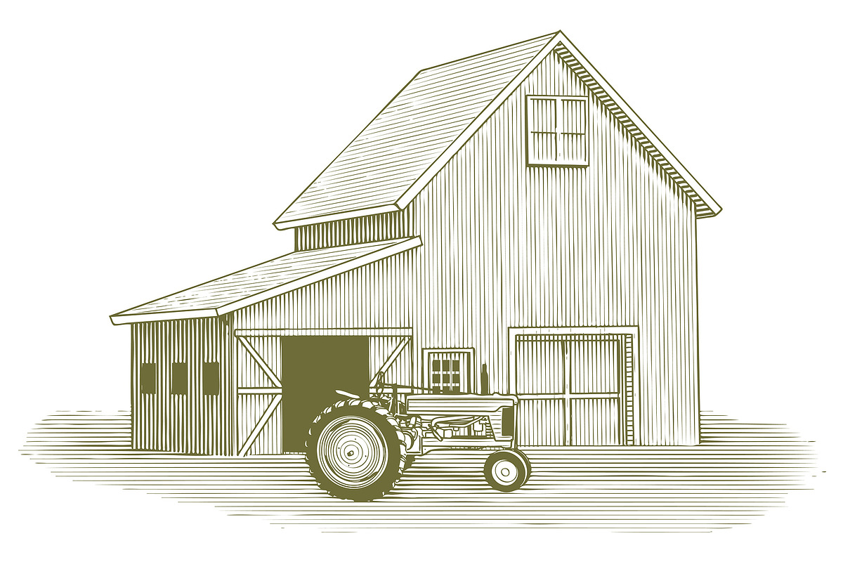 Woodcut Tractor and Barn in Illustrations - product preview 8
