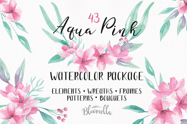 Pink Watercolor Flowers Clipart Kit