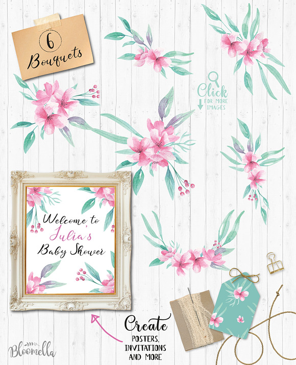 Pink Watercolor Flowers Clipart Kit in Illustrations - product preview 1