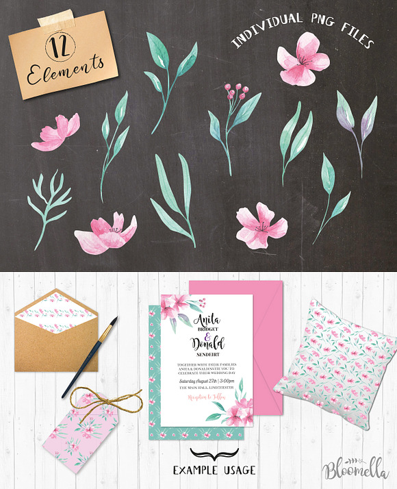 Pink Watercolor Flowers Clipart Kit in Illustrations - product preview 2