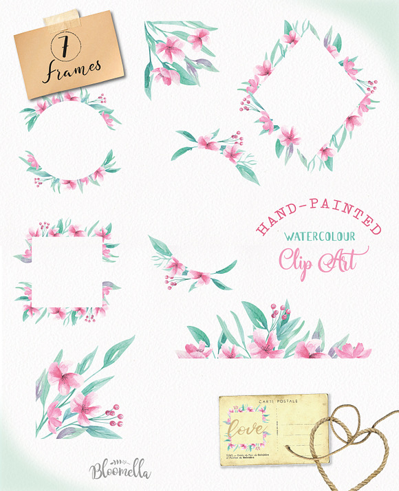 Pink Watercolor Flowers Clipart Kit in Illustrations - product preview 3