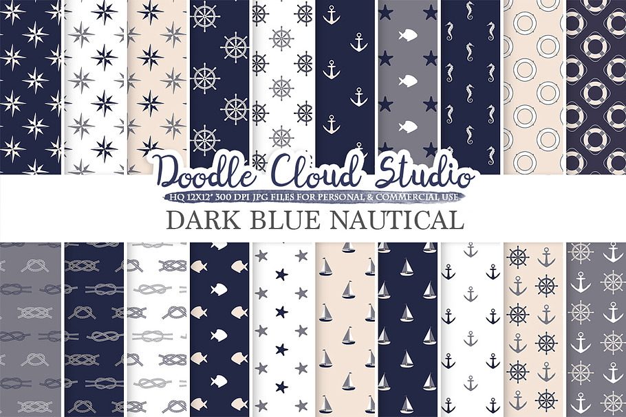 Dark Navy Blue Cream Gray Nautical in Patterns - product preview 8