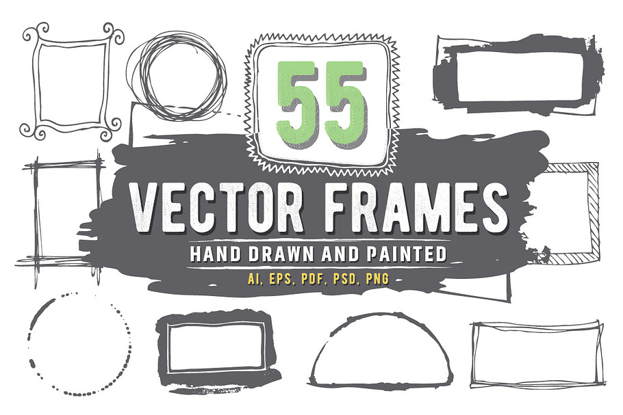 55 Hand-drawn, painted vector frames
