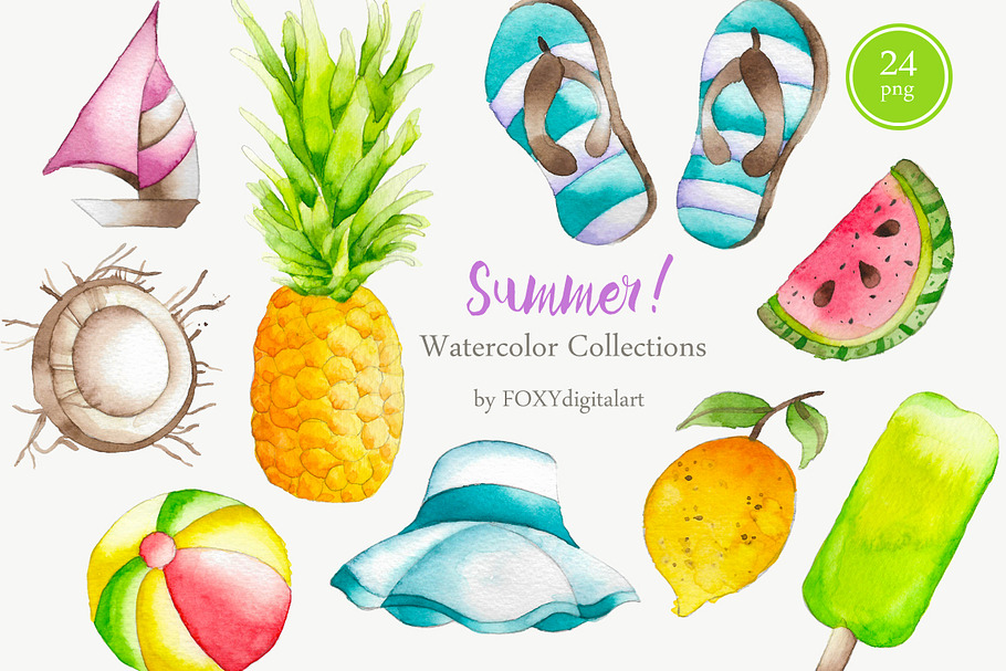 24 Watercolor Summer Clipart