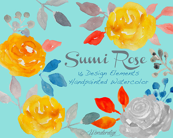 Watercolor Roses & Floral elements in Illustrations - product preview 1