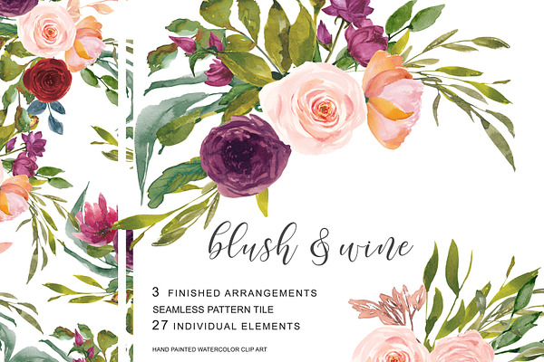 Watercolor Blush Wine Flowers Clipar