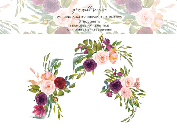 Watercolor Blush Wine Flowers Clipar in Illustrations - product preview 2