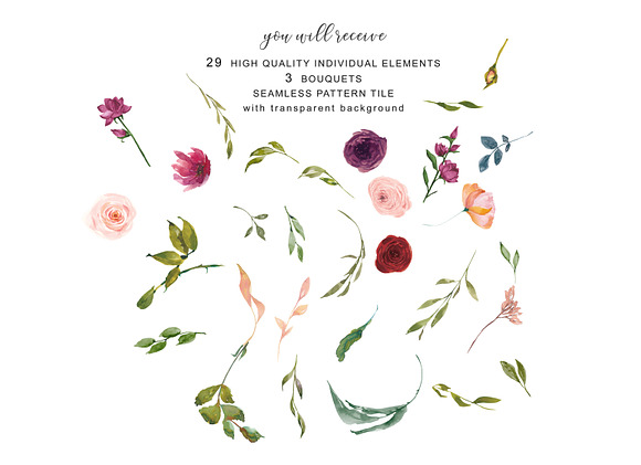 Watercolor Blush Wine Flowers Clipar in Illustrations - product preview 3