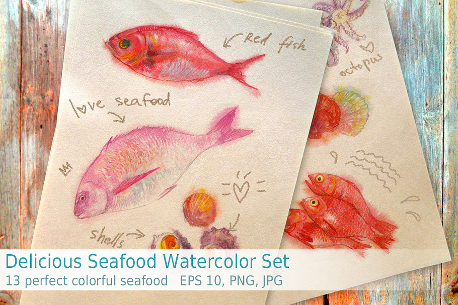 Delicious Seafood Watercolor Set in Illustrations - product preview 8