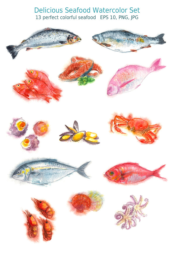 Delicious Seafood Watercolor Set in Illustrations - product preview 2