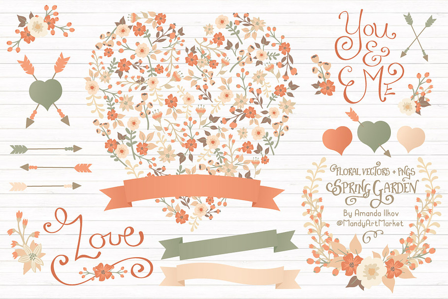 Peach Floral Heart & Banner Vectors in Illustrations - product preview 8