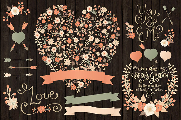 Peach Floral Heart & Banner Vectors in Illustrations - product preview 1