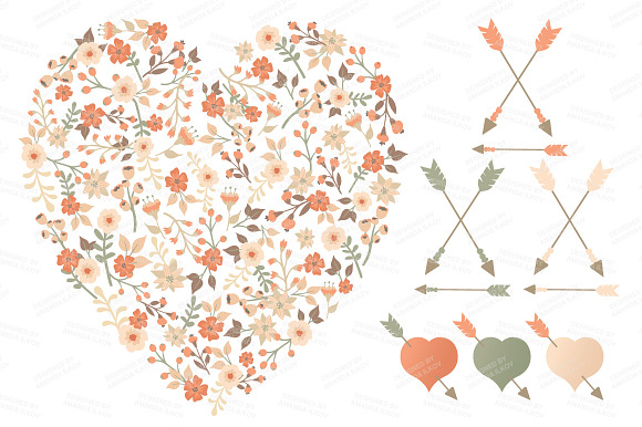 Peach Floral Heart & Banner Vectors in Illustrations - product preview 2