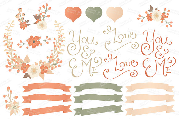 Peach Floral Heart & Banner Vectors in Illustrations - product preview 3