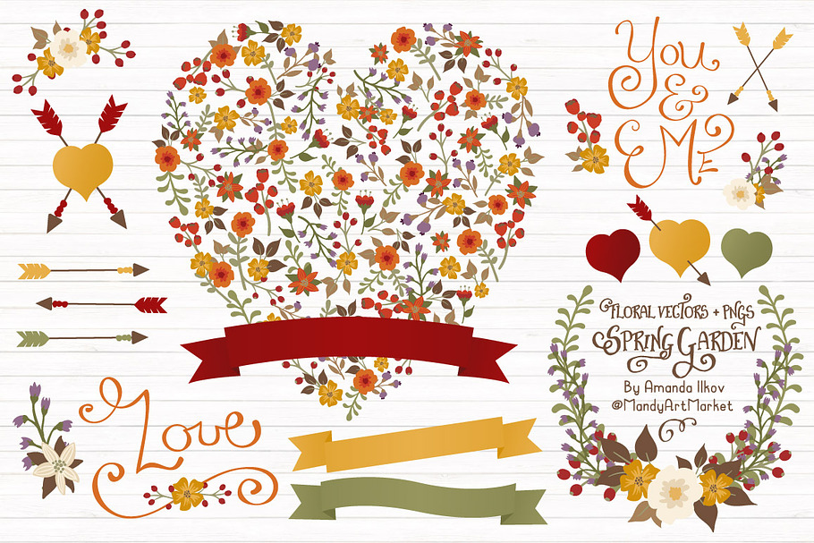 Autumn Floral Heart & Banner Vectors