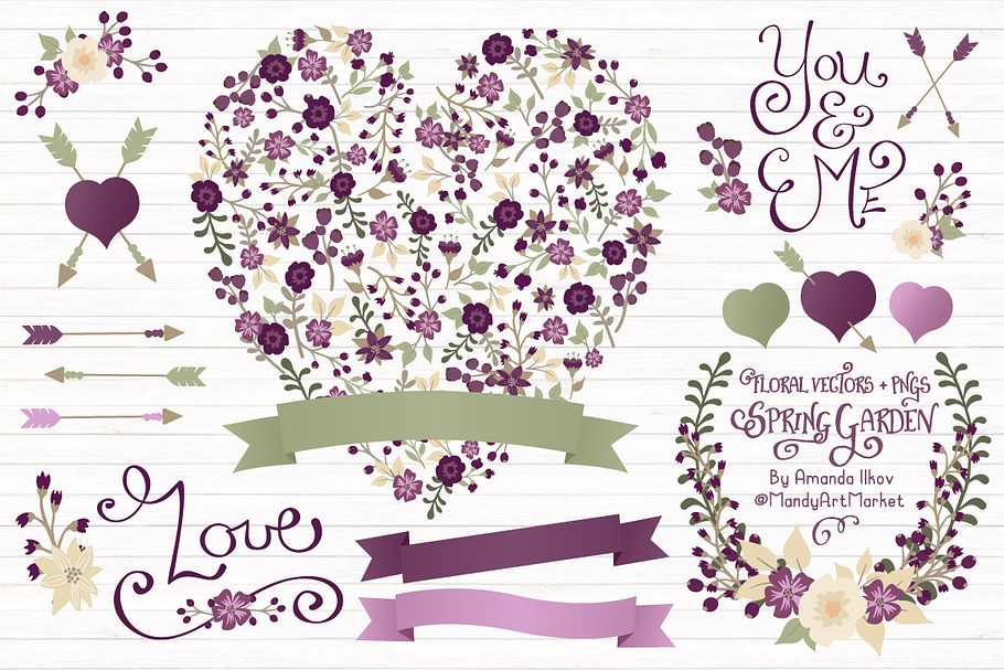 Plum Floral Heart & Banner Vectors in Illustrations - product preview 8