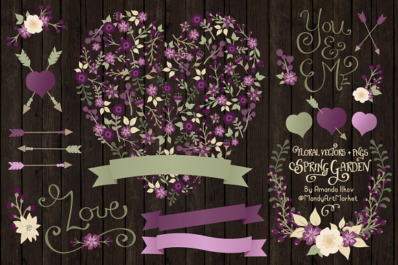 Plum Floral Heart & Banner Vectors in Illustrations - product preview 1
