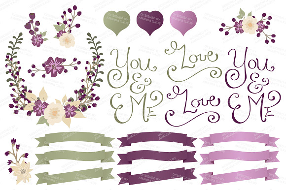 Plum Floral Heart & Banner Vectors in Illustrations - product preview 3