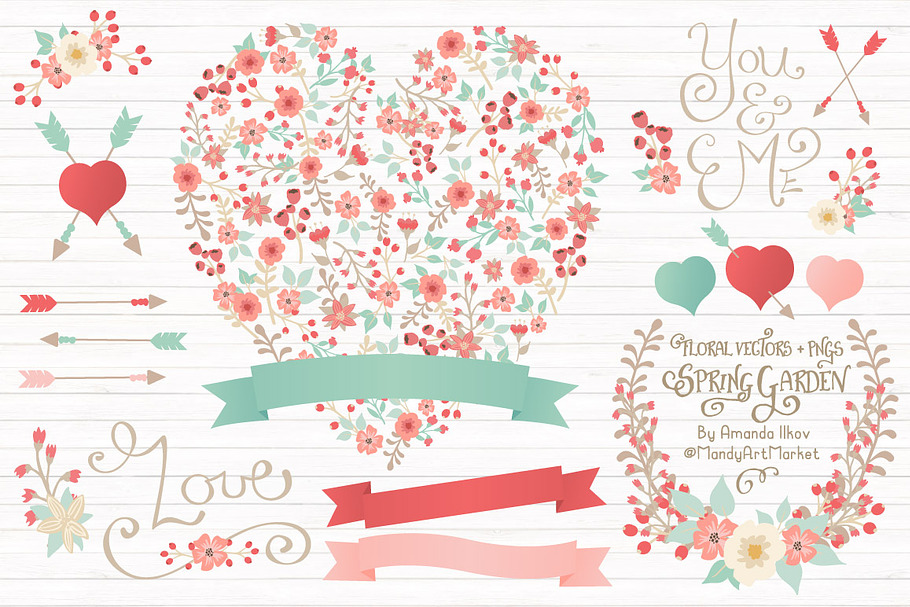 Mint & Coral Floral Heart & Banners