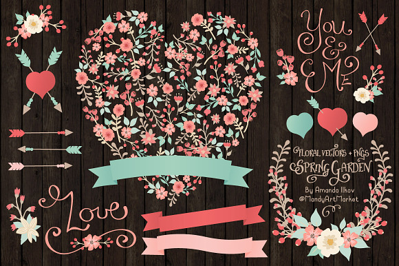 Mint & Coral Floral Heart & Banners in Illustrations - product preview 1