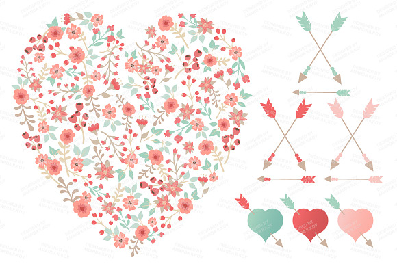 Mint & Coral Floral Heart & Banners in Illustrations - product preview 2